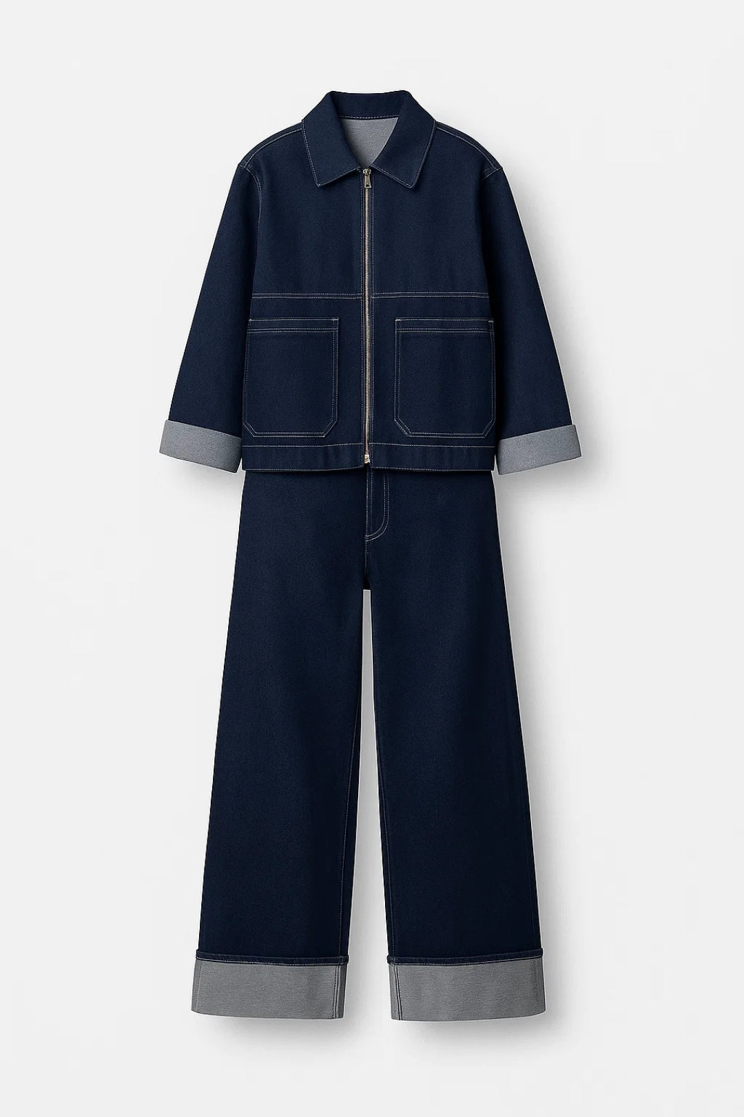 Denim Set | Boxy Takki Vetoketjulla | Suorat Housut Käännetyllä Helmallla