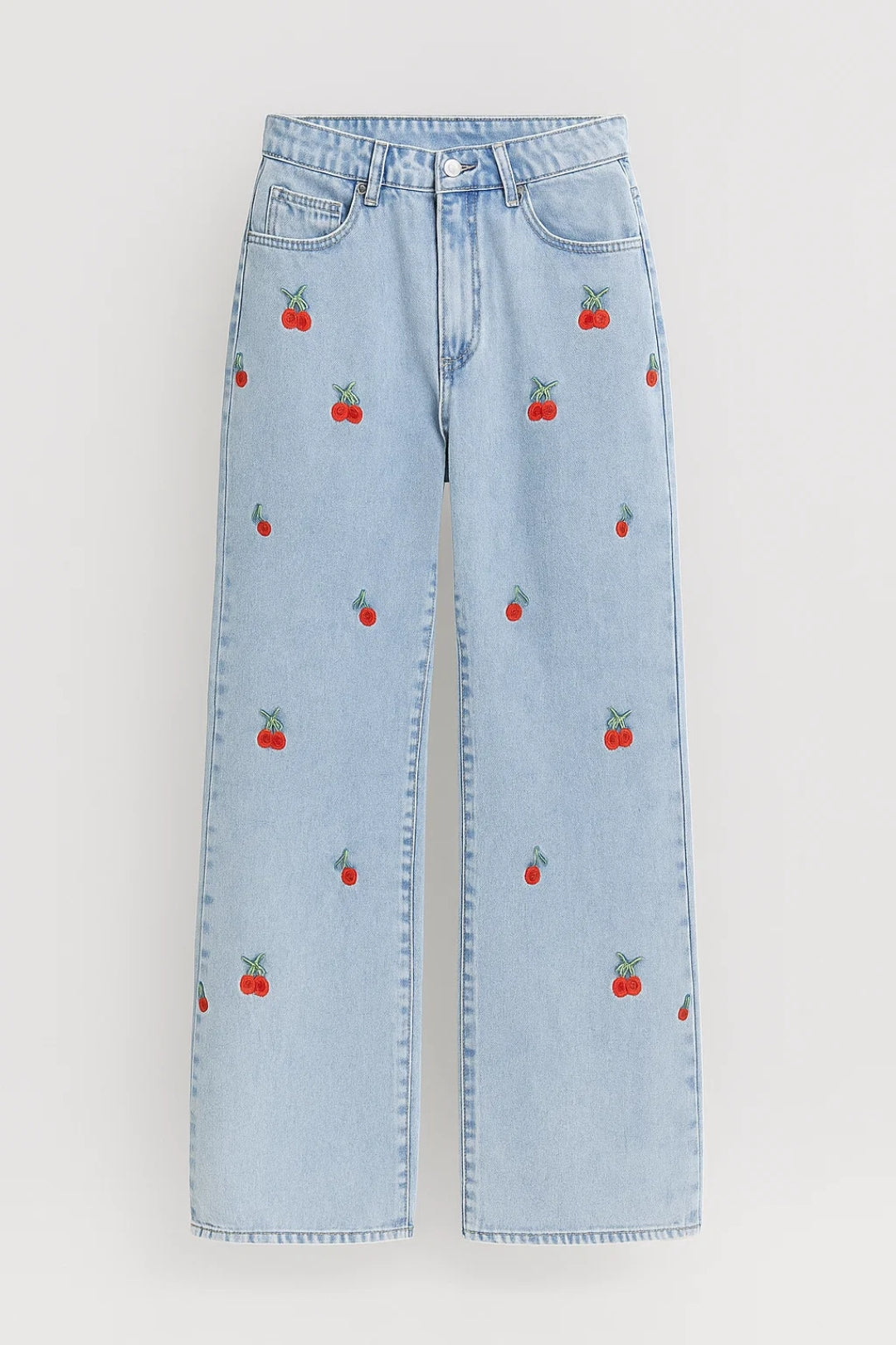 Laaja Lahje Farkut | Leikkisä Housu Kirsikkakuviolla | Korkea Vyötärö