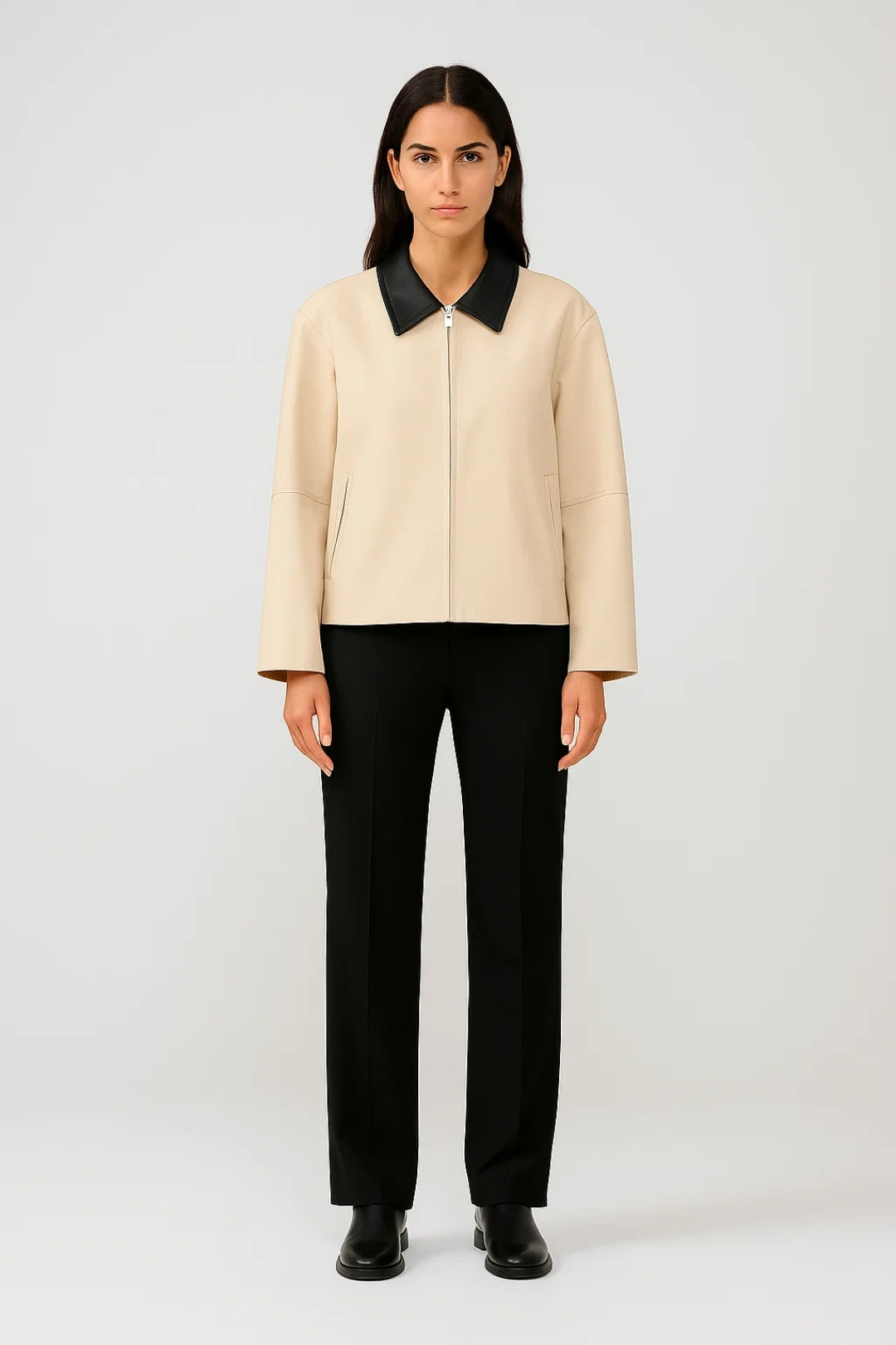 Minimalistinen Naisten Takki | Suora Leikkaus Kontrastivärillä Varustettuna Kauluksena | Moderni ja Hienostunut