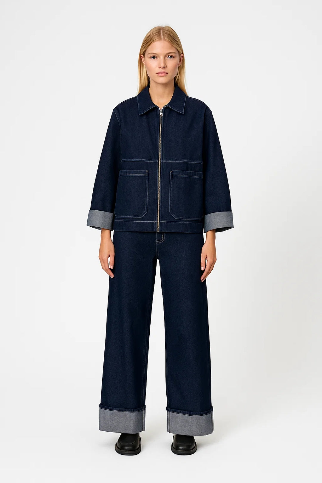 Denim Set | Boxy Takki Vetoketjulla | Suorat Housut Käännetyllä Helmallla