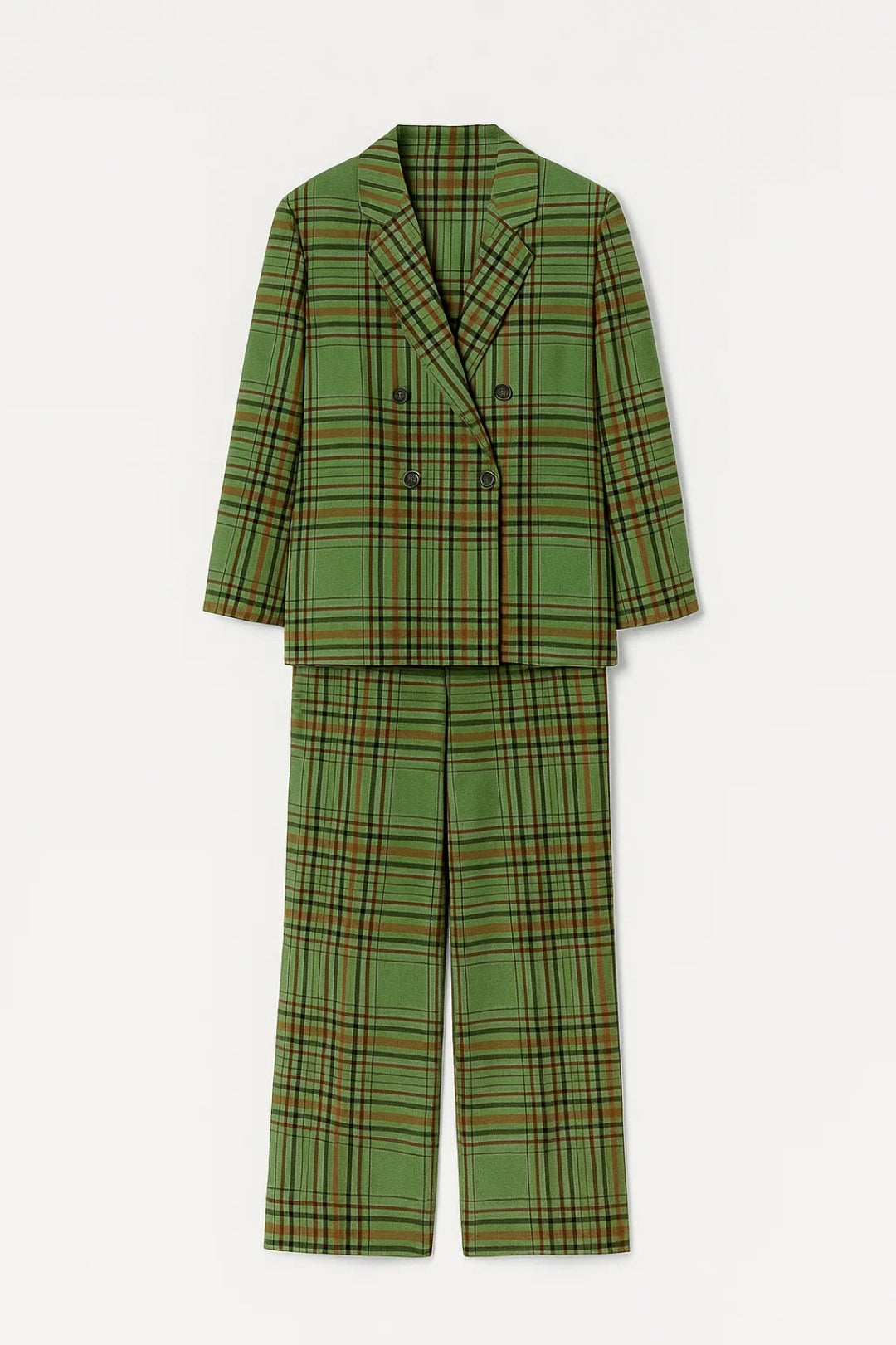 Ruudullinen Puku | Kaksirivinen Bleiseri | Suorat Housut Korkealla Vyötäröllä