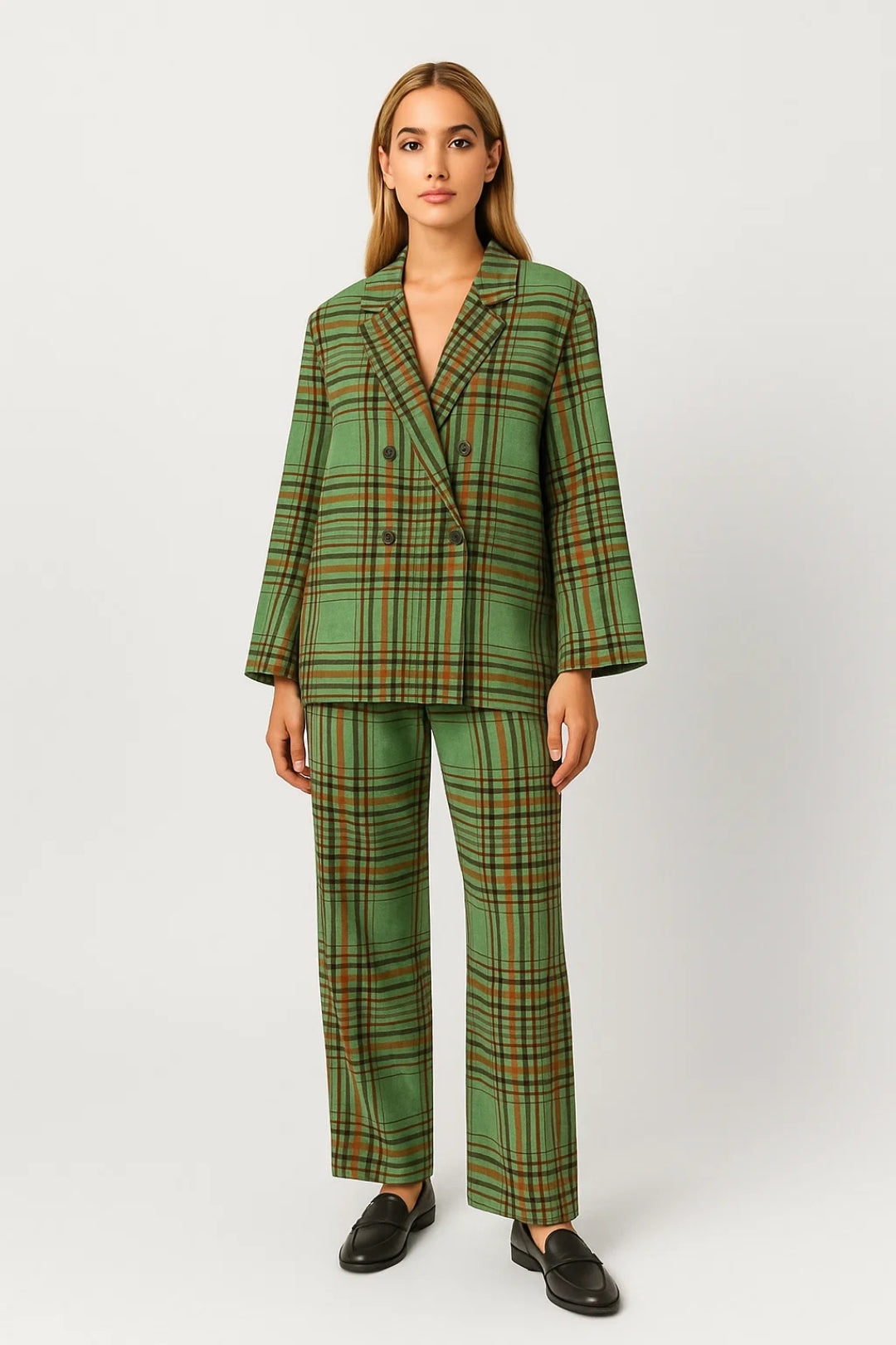 Ruudullinen Puku | Kaksirivinen Bleiseri | Suorat Housut Korkealla Vyötäröllä