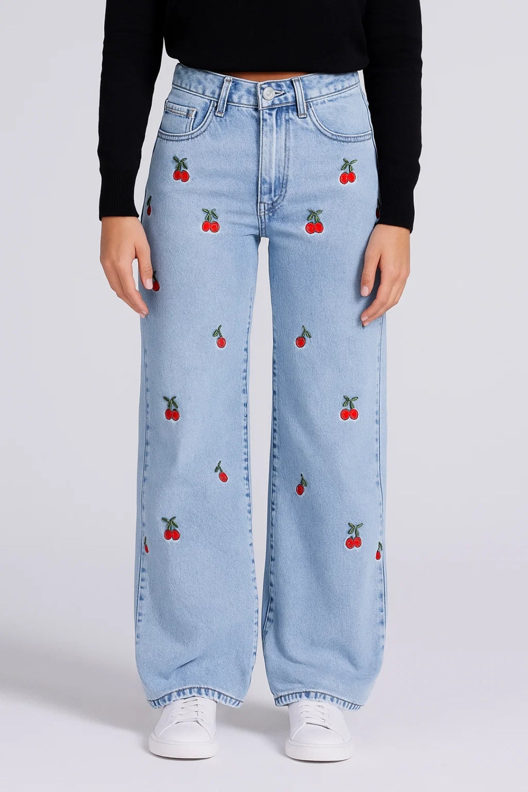 Laaja Lahje Farkut | Leikkisä Housu Kirsikkakuviolla | Korkea Vyötärö