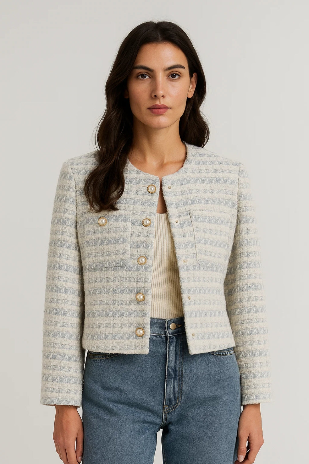 Bouclé Takki Kokoelma | Naisten Takki Helmi-nappikiinnityksellä ja Ylellisellä Rakenteella | Kevyt ja Hengittävä